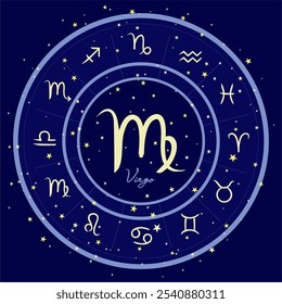 Virgo zodiac sign in a starry circle, surrounded by all zodiac signs. Perfect for astrology themes, horoscope visuals, and celestial designs. Dark blue cosmic background.