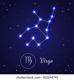 Virgo Zodiac Sign Stars on the Cosmic Sky. Vector illustration of bright blue star planet zodiacal symbols Astrology, Esoteric. Design for web pages and placard for birthday card 