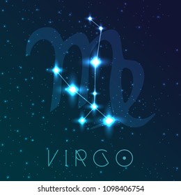 Virgo zodiac sign. Vector illustration with constellations and hand-drawn astronomical symbols. Shining stars in the night sky.