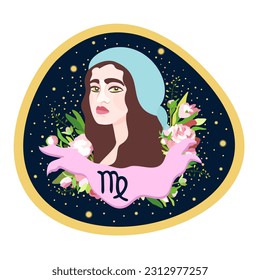 Virgo. Zodiac sign. Vector isolated composition on dark blue background. Horoscope concept. Young dark-haired woman with flowers.