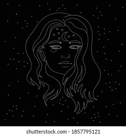 Virgo zodiac sign white symbol on black background with stars. Abstract head of astrological sign virgo