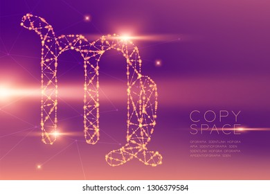 Virgo Zodiac sign wireframe polygon futuristic bokeh light frame structure and lens flare, Fortune teller concept design illustration isolated on purple gradients background with copy space