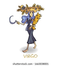 Dibujo vectorial de caricatura plana de Virgo zodiac mujer. Chica con trigo, símbolo astrológico de la tierra. Listo para usar la plantilla de 2d caracteres para diseño comercial, de animación y de impresión. Héroe cómico aislado