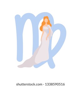 Virgo Zodiac Sign, Young Beautiful Woman Wearing Clothes in Style of Ancient Greece Vector Illustration
