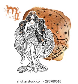 Virgo zodiac sign.Horoscope constellation,stars in circle composition.Watercolor splash texture,hand painting.Beautiful women,female.White background.Symbol of earth.Artistic Vector  Illustration. 
