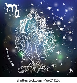 Virgo Zodiac sign.Horoscope constellation,stars.Vector Abstract space, dark sky blurred background,stars,shiny bokeh.Design template.Astrology Illustration,Virgo woman,female silhouette
