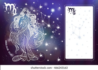 Signo Virgo Zodiac.Constelación del horóscopo,estrellas.Espacio abstracto del vector, fondo borroso del cielo oscuro, estrellas,bokeh brillante.Diseño, sala de texto.Ilustración astrológica,Mujer virgo,silueta femenina
