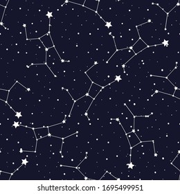 Virgo zodiac star seamless pattern. Repeating Virgo sign with stars on a black background. 
design for textile, wallpaper, fabric, decor, clothes, scrapbooking.