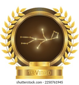 Virgo Zodiac Stellar Glowing Star Constellation Horoscope Astrology Fortune-Telling and Future Prediction, Earth Element on Classic Golden Olive Wreath Trophy Icon Vector Design Illustration.