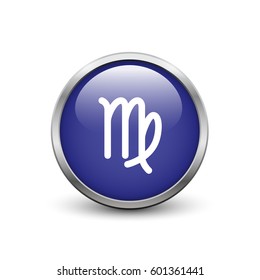 Virgo zodiac symbol, blue button with metal frame and shadow