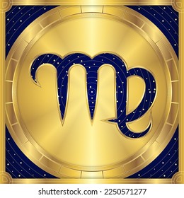 Virgo Zodiac Symbol, Classic Luxury Golden Greek Meander, Stellar Star Sign, Horoscope Astrology Fortune-Telling and Future Prediction, Element Badge Icon Vector Design Illustration.