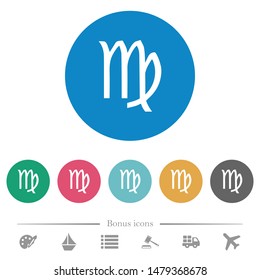 virgo zodiac symbol flat white icons on round color backgrounds. 6 bonus icons included.