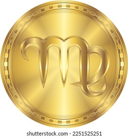 Virgo Zodiac Symbol Glowing Metal Round Gold Coin Digital Currency Icon Isolated on White Background Vector Illustration for Horoscope, Astrology.