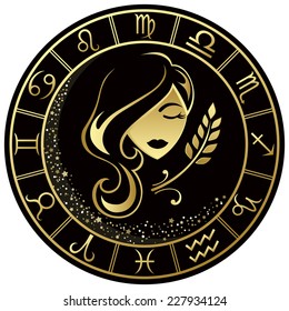 Virgo Zodiac symbol in the Golden round frame. Vector illustration.