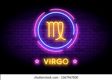 The Virgo zodiac symbol, horoscope sign in trendy neon style on a wall. Virgo astrology sign with light effects for web or print.