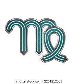 Virgo Zodiac Symbol Neon Light Glow Silver Metallic Letter Glyph Alphabet Horoscope, Astrology Icon Isolated on White Background.