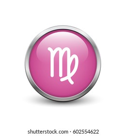 Virgo zodiac symbol, pink button with metal frame and shadow