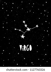 Virgo Zodiac Symbol Vector Card. Simple Hand Drawn Zodiac Vector Illustration. Virgo Sign on a Starry Black Background. Black and White Childish Style Dark Night Design. Grunge Night Sky Vector Art