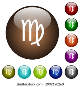 virgo zodiac symbol white icons on round glass buttons in multiple colors
