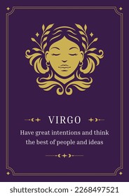 Virgo zodiac symbol woman face floral ornament purple poster design template vector illustration. Horoscope astrology sign female portrait head flower lunar calendar esoteric impression antique frame