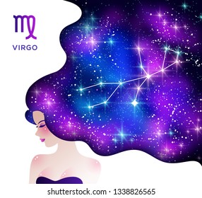 Virgo zodiac vector illustration. Horoscope symbol as female cartoon character. Gradient space and stardust in hair. Shiny stars and constellation flat poster. Astrological sign with title
