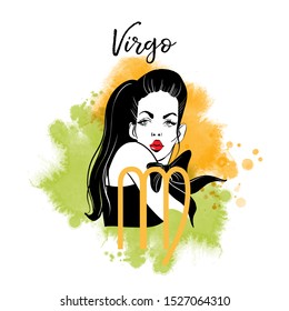 Virgo-girl. Zodiac signs girl illustration.Vector sketch and watercolor background.