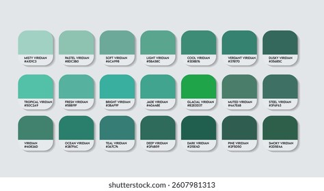 Viridian Color Guide Palette with Color Names. Catalog Samples Viridian with RGB HEX codes and Names. Beautiful grey colour Palette Vector, green blue Color Palette, Fashion Trend green Color Palette
