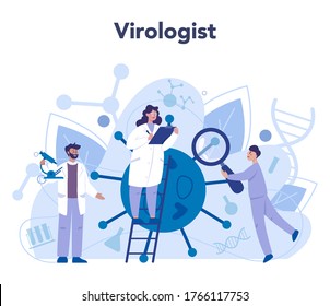 Virologist concept. Scientist studies viruses and bacteria. Laboratory biotechnology and vaccine development. Isolated vector illustration in cartoon style