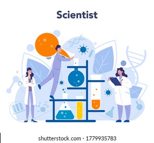 Virologist concept. Scientist studies viruses and bacteria. Laboratory biotechnology and vaccine development. Isolated vector illustration in cartoon style