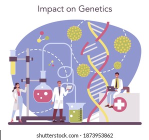 Virologist concept. Scientist studies viruses and bacteria. Laboratory biotechnology and vaccine development. Isolated vector illustration in cartoon style
