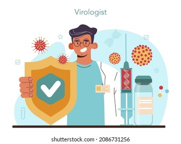 Virologist concept. Scientist studies viruses and bacteria in a laboratory. Epidemic researcher, scientist working with infectios disease. Vaccine development. Flat vector illustration