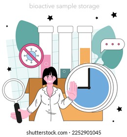 Virologist concept. Scientist studies viruses and bacteria in a laboratory. Epidemic researcher, scientist working with infectious disease. Vaccine development. Flat vector illustration