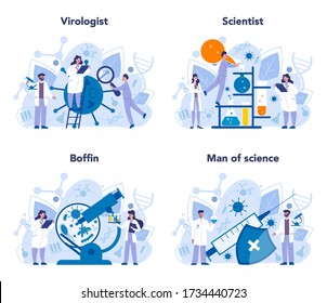 Virologist concept set. Scientist studies viruses and bacteria. Laboratory biotechnology and vaccine development. Isolated vector illustration in cartoon style