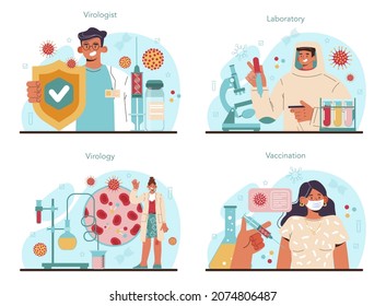 Conjunto de conceptos virologísticos. Los científicos estudian virus y bacterias en un laboratorio. Investigador epidemiológico, científico que trabaja con enfermedades infecciosas. Desarrollo de vacunas. Ilustración vectorial plana
