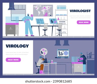 Virologist doing research in laboratory banners set. Scientist study viruses landing page designs. Flat vector illustration.