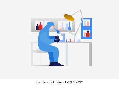 Virologist looks through a microscope. scientist in a protective mask, medical suit. A virologist is developing a coronavirus vaccine. Fun color illustration. flasks,gloves. Вакцина от коронавируса.