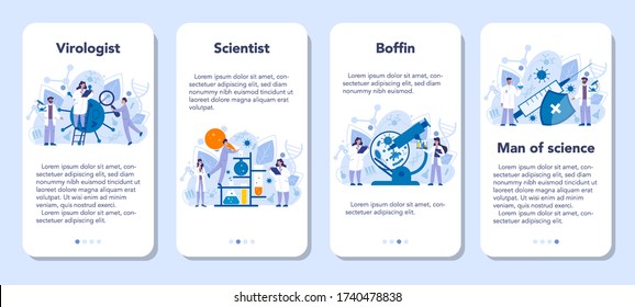 Virologist mobile application banner set. Scientist studies viruses and bacteria. Laboratory biotechnology and vaccine development. Isolated vector illustration in cartoon style