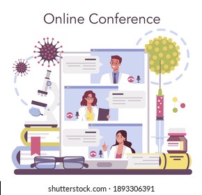 Virologist online service or platform. Scientist studies viruses and bacteria.. Online conference. Isolated vector illustration