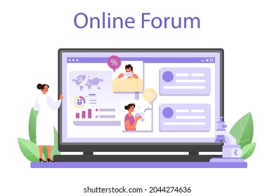 Virologist online service or platform. Scientist studies virus and bacteria in laboratory. Epidemic researcher. Online forum. Flat vector illustration
