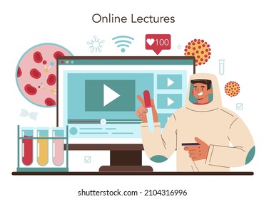 Virologist online service or platform. Scientist studies viruses and bacteria in a laboratory. Vaccine development. Online lecture. Flat vector illustration