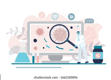 Virologist is researching a new virus, searching for antivirus and medication. Scientist uses magnifying glass to research. Human in protective uniform. Viral laboratory, vaccine search. Flat Vector