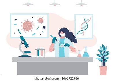 Virologist is researching a new virus, searching for antivirus and medication. Female scientist  in uniform and mask. Viral laboratory interior.Vaccine search concept. Trendy style vector illustration