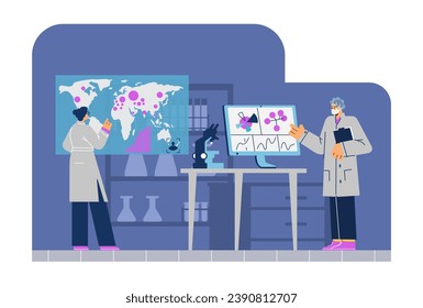 Virologista investigando virus en computadora. Científicos de dibujos animados advierten de una nueva epidemia. Difusión del virus alrededor del mundo en el mapa. Laboratorio viral, ilustración de vector de búsqueda de vacunas