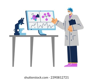 Virologist researching virus on computer. Cartoon scientists warn of a new virus, searching for antivirus and medication. Viral laboratory, vaccine search. Virus on monitor screen vector illustration