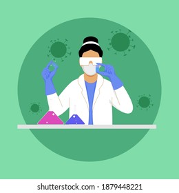 Virologist Or Scientist Woman Researching Vaccine In Lab On Green Background For Covid-19 Illness.