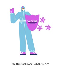 Virologist with shield in uniform and mask, shows thumb sign. Vaccination concept. Health care and protection. Cartoon vector illustration of immunization campaign isolated on white