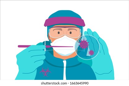 Virologist show virus by pipette on Petri dish. Hope that the coronavirus can be defeated. Vector illustration man in overall isolated on white background.