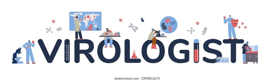 Virologist typographic header concept. Scientist studies viruses and bacteria. Laboratory researching biotechnology, medicines and vaccine. Vector illustration in cartoon style