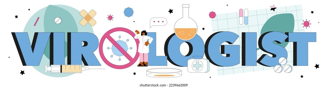 Virologist typographic header. Scientist studies viruses and bacteria in a laboratory. Epidemic researcher working with infectious disease. Vaccine development. Flat vector illustration