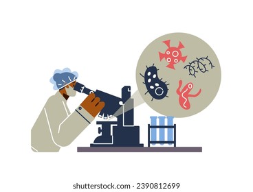 Virologist watch in microscope and research viruses and bacteria. Scientist at work in laboratory. Woman in protective suit and mask with equipment vector illustration on white background.